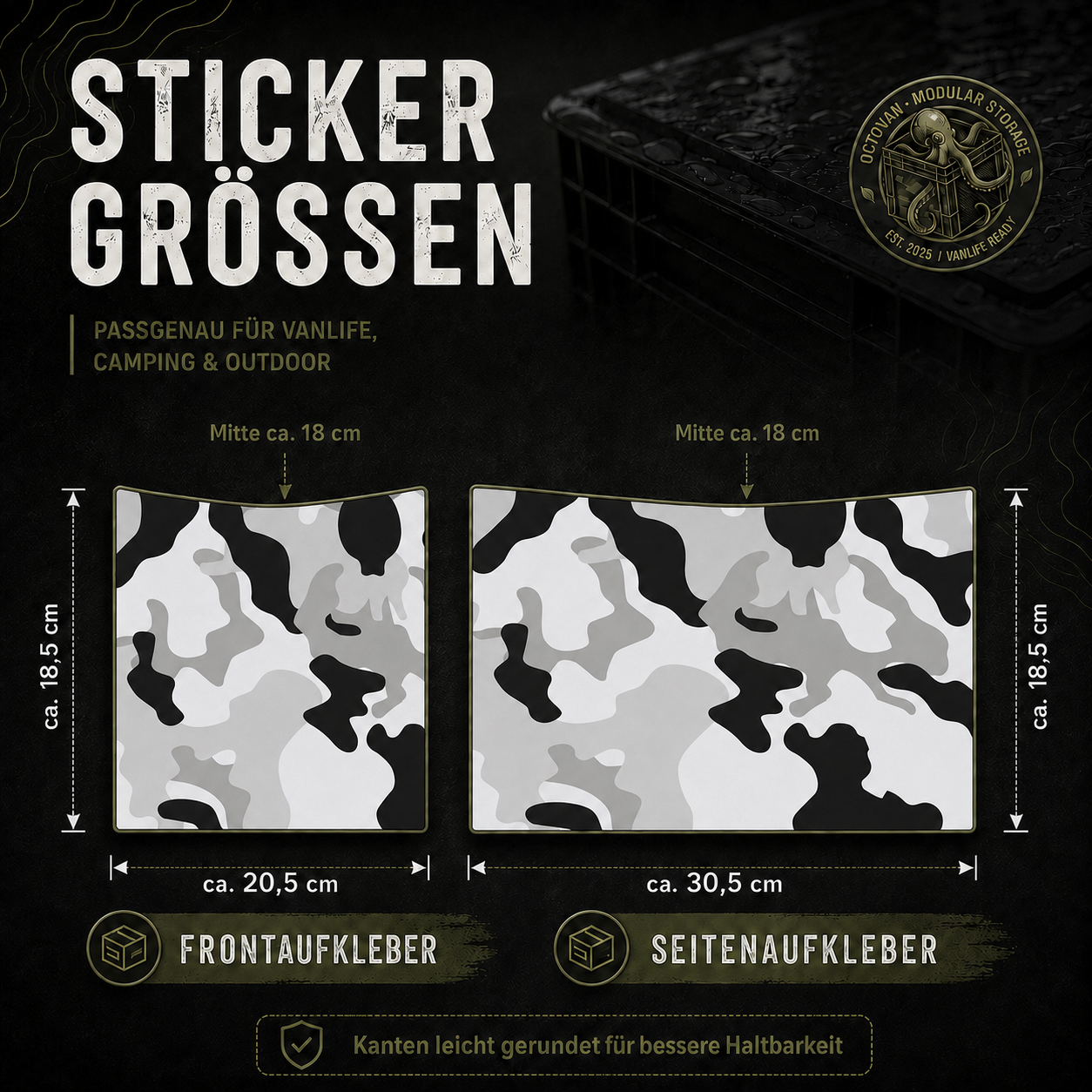 Grafik mit Aufklebermaßen für OctoVan Eurobox Sticker-Set Camouflage Schwarz Weiß.