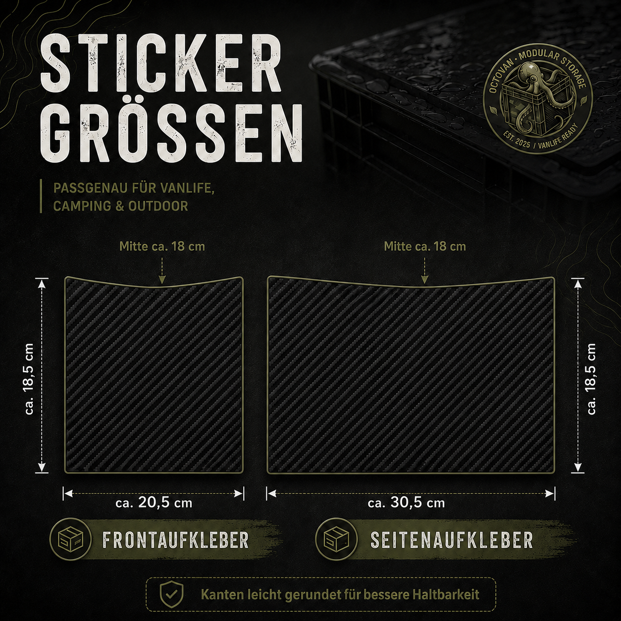 OctoVan Größenübersicht für Frontaufkleber und Seitenaufkleber des Carbon Black Eurobox Sticker-Sets.