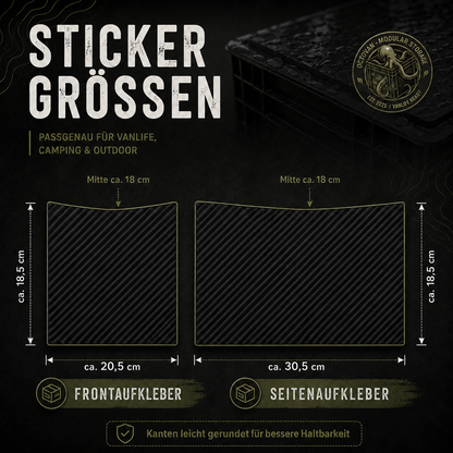 OctoVan Größenübersicht für Frontaufkleber und Seitenaufkleber des Carbon Black Eurobox Sticker-Sets.