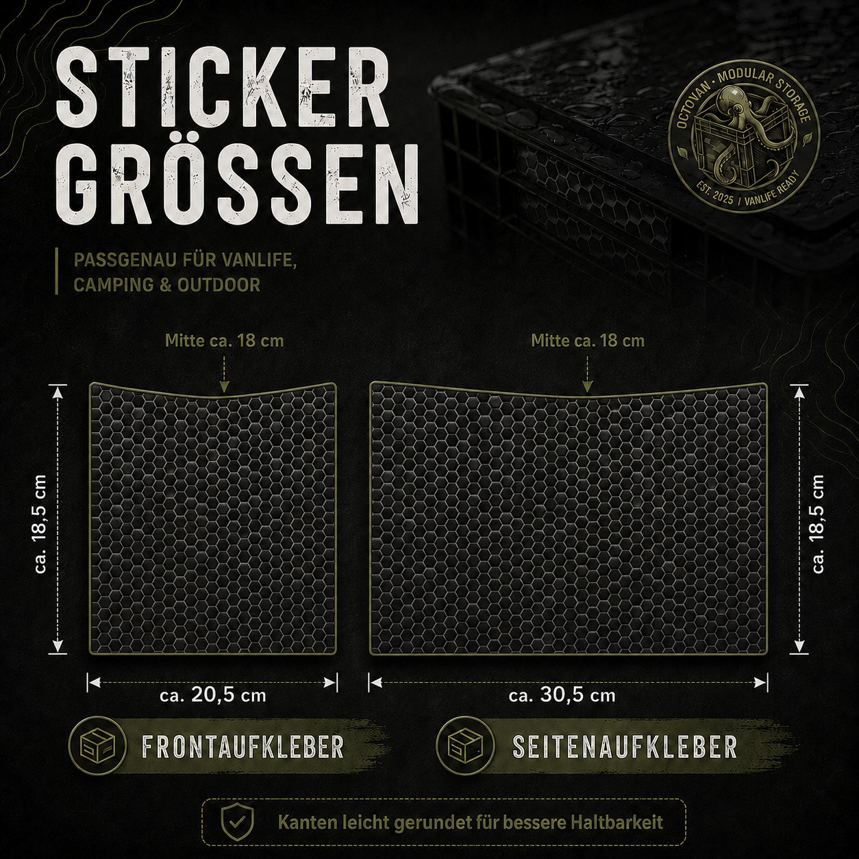 OctoVan Größenübersicht für Frontaufkleber und Seitenaufkleber des Hexagon Black Eurobox Sticker-Sets.