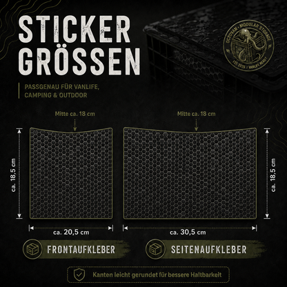 OctoVan Größenübersicht für Frontaufkleber und Seitenaufkleber des Hexagon Black Eurobox Sticker-Sets.