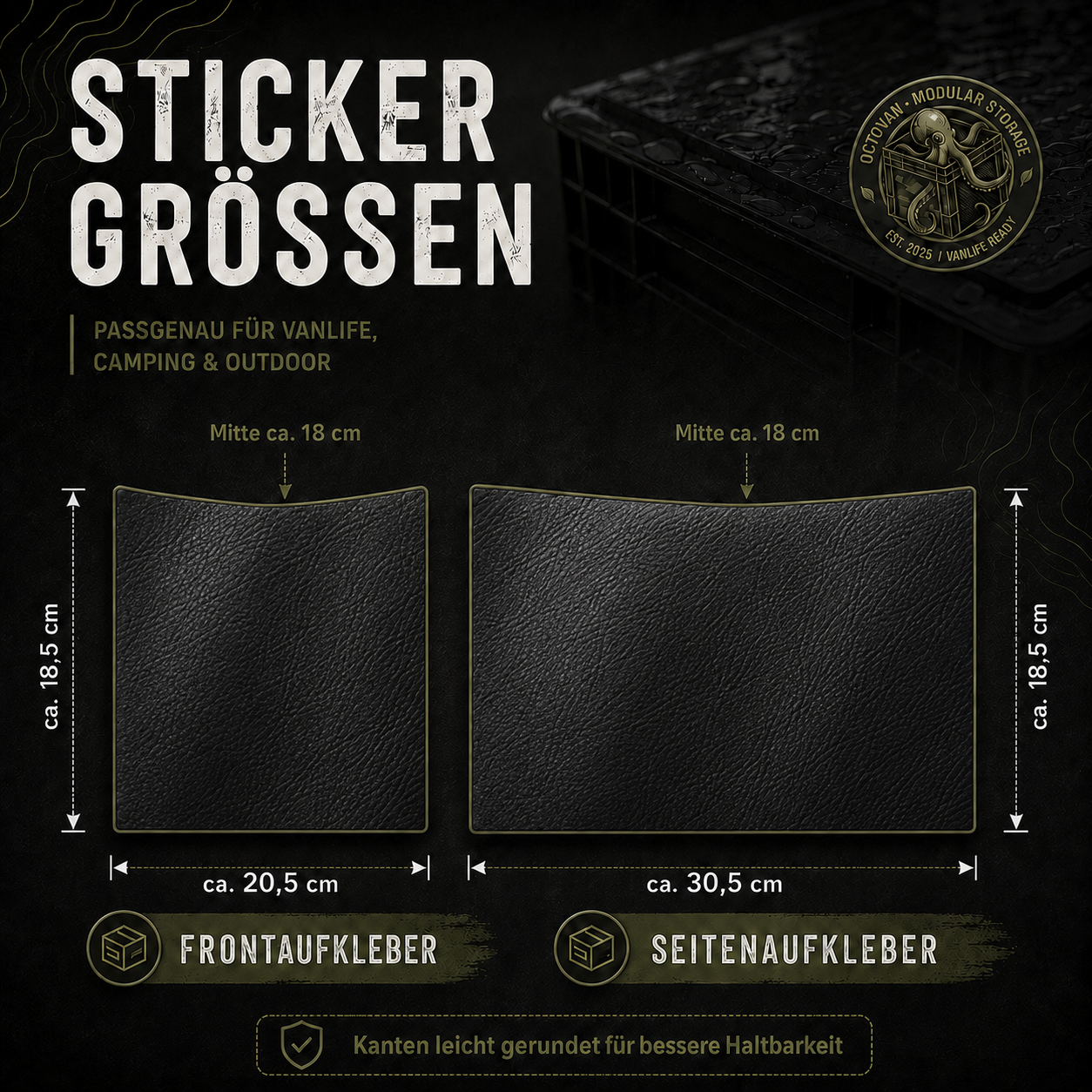 Grafik mit Aufklebermaßen für OctoVan Eurobox Sticker-Set Ledereffekt Schwarz.