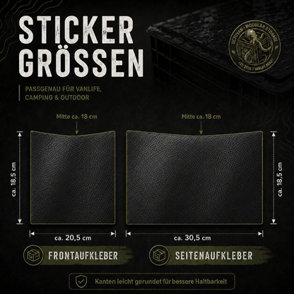 Grafik mit Aufklebermaßen für OctoVan Eurobox Sticker-Set Ledereffekt Schwarz.