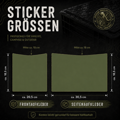 Grafik mit Aufklebermaßen für OctoVan Eurobox Sticker-Set Matt Olivgrün.