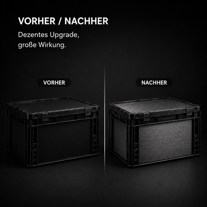 Schwarze Eurobox mit Scharnierdeckel als fertig veredelte OctoVan Aufbewahrungsbox für Camper, Outdoor und Heckgarage.