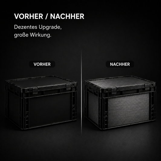 Schwarze Eurobox mit Scharnierdeckel als fertig veredelte OctoVan Aufbewahrungsbox für Camper, Outdoor und Heckgarage.