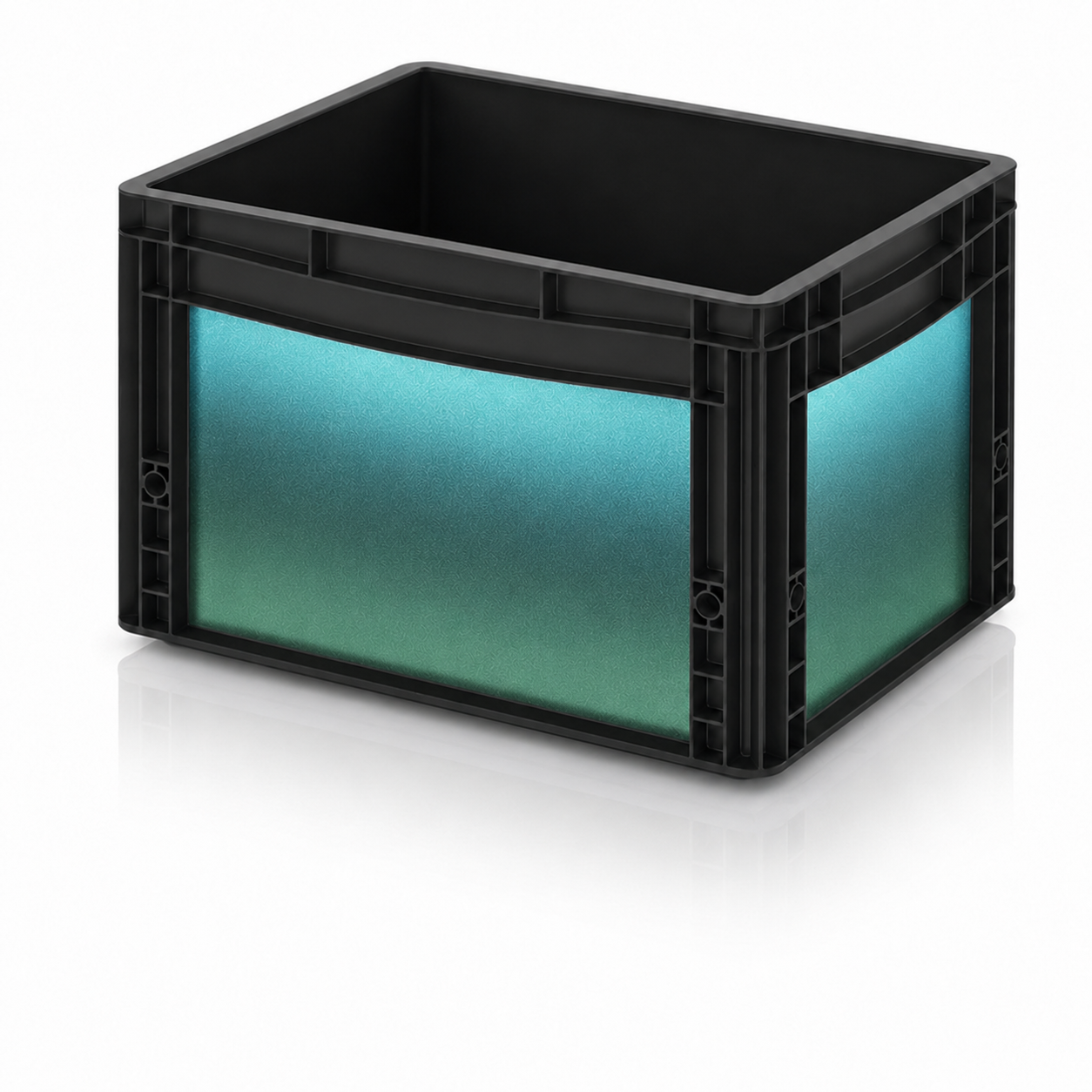 Schwarze Eurobox mit Oracal Shift Aquamarine Sticker-Set in blau-grünem Chamäleon-Look für Vanlife, Camping und Outdoor.