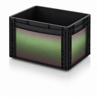 Schwarze Eurobox mit Oracal Shift Avocado Sticker-Set und grün-violettem Chamäleon-Effekt.