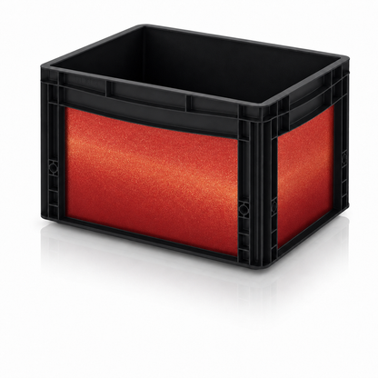 Schwarze Eurobox mit Oracal Shift Sunset Sticker-Set in rot-goldenem Chamäleon-Look.