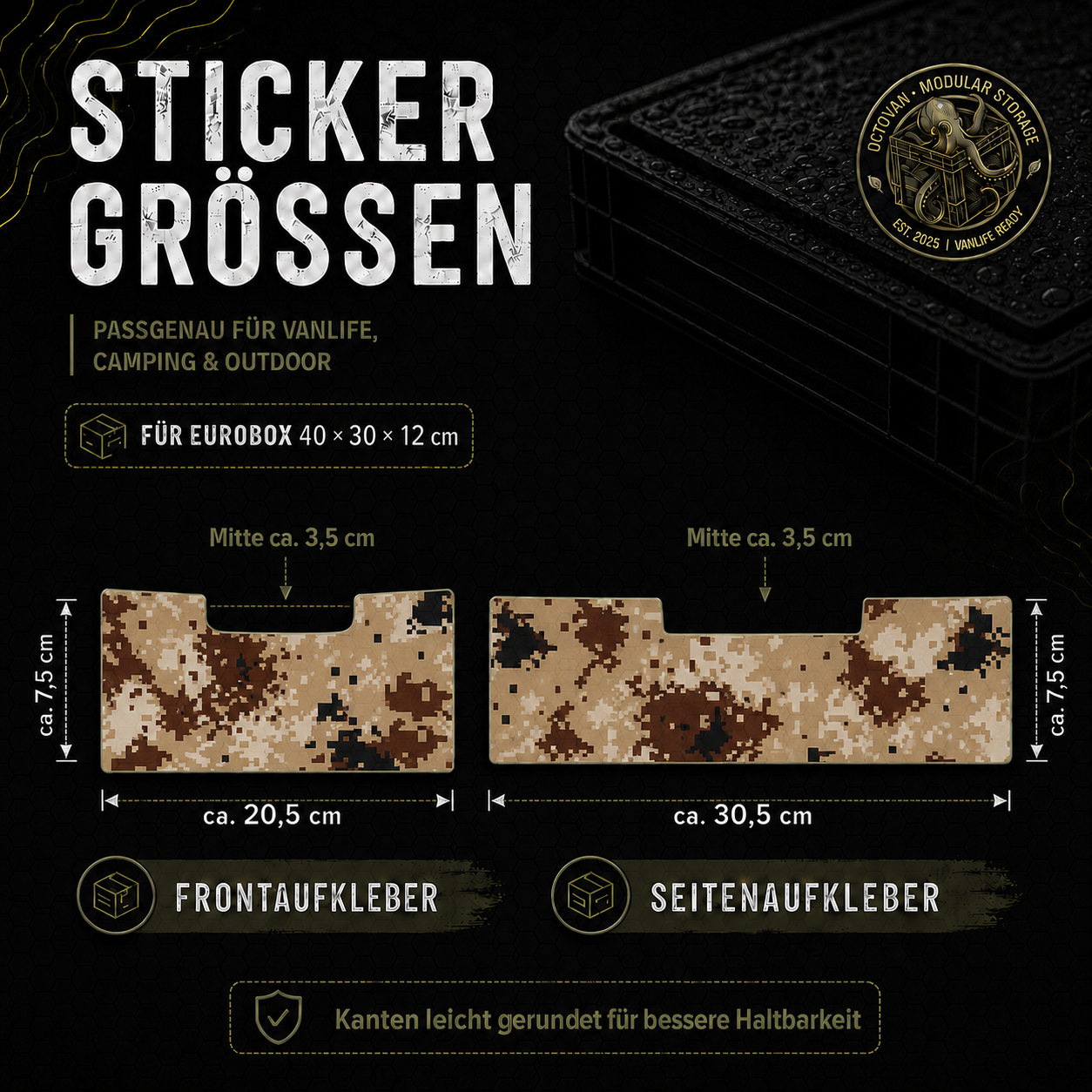 Grafik mit Stickergrößen für OctoVan Eurobox 40 x 30 x 12 cm Camouflage Braun Sticker-Set mit Frontaufkleber und Seitenaufkleber