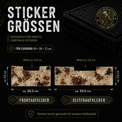 Grafik mit Stickergrößen für OctoVan Eurobox 40 x 30 x 12 cm Camouflage Braun Sticker-Set mit Frontaufkleber und Seitenaufkleber