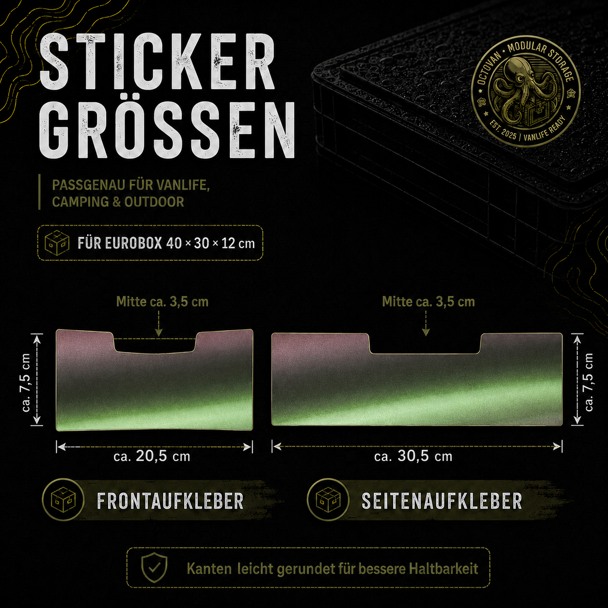 Grafik mit Stickergrößen für OctoVan Eurobox 40 x 30 x 12 cm mit grün-rosa Effektfolie, Frontaufkleber und Seitenaufkleber für Vanlife, Camping und Outdoor.