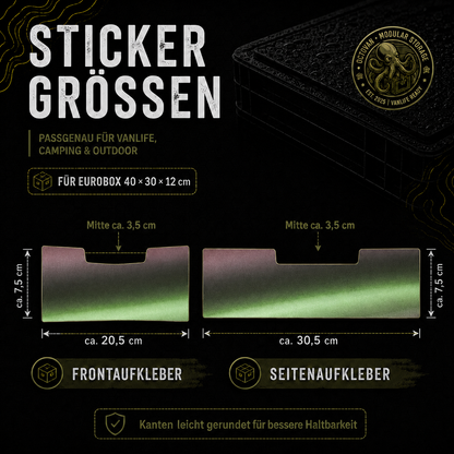 Grafik mit Stickergrößen für OctoVan Eurobox 40 x 30 x 12 cm mit grün-rosa Effektfolie, Frontaufkleber und Seitenaufkleber für Vanlife, Camping und Outdoor.
