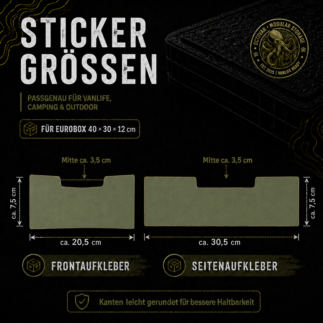 Grafik mit Stickergrößen für OctoVan Eurobox 40 x 30 x 12 cm Effektfolien Sticker-Set mit Frontaufkleber und Seitenaufkleber.
