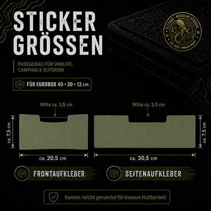 Grafik mit Stickergrößen für OctoVan Eurobox 40 x 30 x 12 cm Effektfolien Sticker-Set mit Frontaufkleber und Seitenaufkleber.