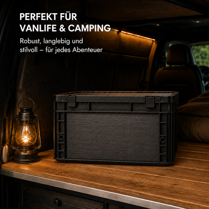 Veredelte OctoVan Eurobox mit Aluminium gebürstet Optik im Camping- und Outdoor-Setup mit warmer Beleuchtung.